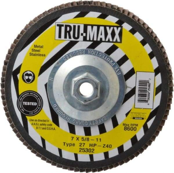 Tru-Maxx - 40 Grit, 7" Disc Diam, 5/8-11 Center Hole, Type 27 Zirconia Alumina Flap Disc - 8,600 Max RPM, Arbor Attaching System, Coated - Eagle Tool & Supply