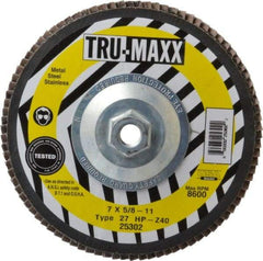 Tru-Maxx - 40 Grit, 7" Disc Diam, 5/8-11 Center Hole, Type 27 Zirconia Alumina Flap Disc - 8,600 Max RPM, Arbor Attaching System, Coated - Eagle Tool & Supply