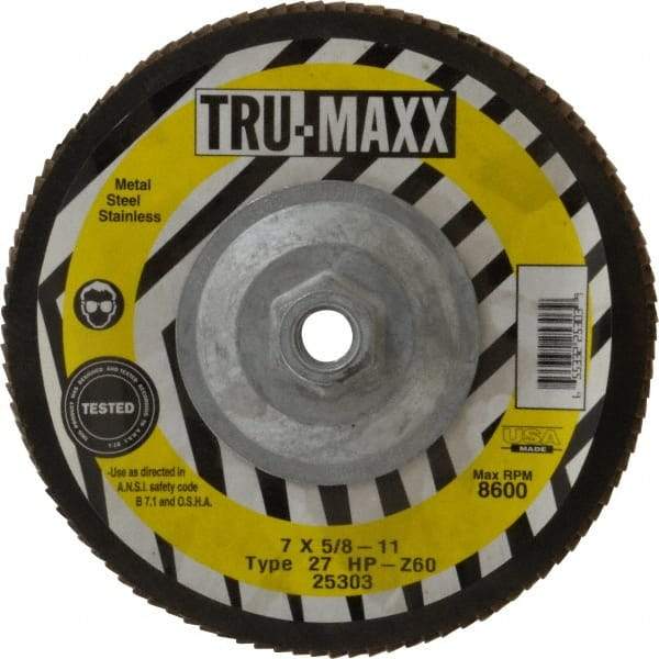 Tru-Maxx - 60 Grit, 7" Disc Diam, 5/8-11 Center Hole, Type 27 Zirconia Alumina Flap Disc - 8,600 Max RPM, Arbor Attaching System, Coated - Eagle Tool & Supply