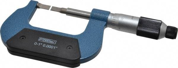 Fowler - 0" to 1" Mechanical Baked Enamel (Frame) & Satin Chrome (Graduations) Coated Blade Micrometer - 0.0001" Accuracy, 0.0001" Graduation, 0.03" Blade Thickness, Ratchet Stop Thimble - Eagle Tool & Supply