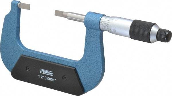 Fowler - 1" to 2" Mechanical Baked Enamel (Frame) & Satin Chrome (Graduations) Coated Blade Micrometer - 0.0001" Graduation, 0.03" Blade Thickness, Ratchet Stop Thimble - Eagle Tool & Supply