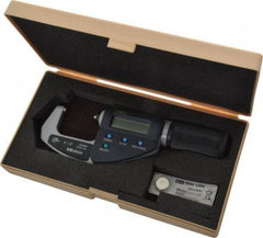 Mitutoyo - 0 to 1.2 Inch Range, 0.0001 Inch Resolution, Standard Throat, IP54 Electronic Outside Micrometer - 0.0001 Inch Accuracy, Ratchet Friction Thimble, Carbide Face, SR44 Battery, Data Output, Plastic Case - Eagle Tool & Supply