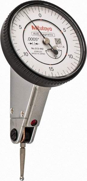 Mitutoyo - 0.06 Inch Range, 0.0005 Inch Dial Graduation, Horizontal Dial Test Indicator - 1.5748 Inch White Dial, 0-15-0 Dial Reading, Accurate to 0.0005 Inch - Eagle Tool & Supply