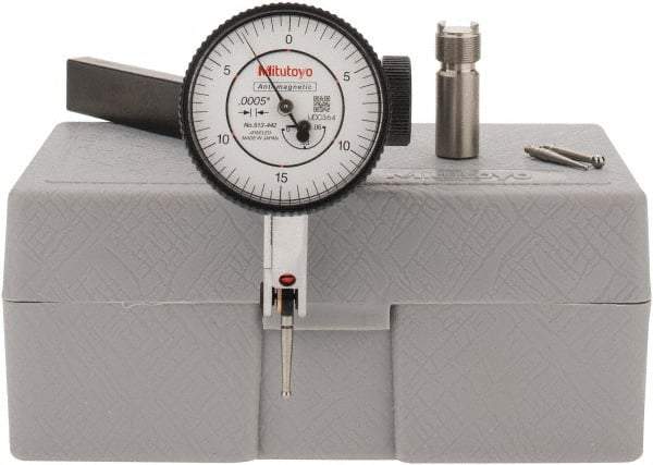 Mitutoyo - 9 Piece, 0" to 0.06" Measuring Range, 40mm Dial Diam, 0-15-0 Dial Reading, White Dial Test Indicator Kit - 0.0005" Accuracy, 0.78" Contact Point Length, 0.039, 0.079 & 0.118" Ball Diam, 0.0005" Dial Graduation - Eagle Tool & Supply