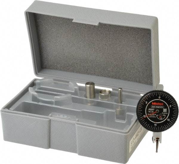 Mitutoyo - 0.06 Inch Range, 0.0005 Inch Dial Graduation, Horizontal Dial Test Indicator - 1.5748 Inch Black Dial, 0-15-0 Dial Reading, Accurate to 0.0005 Inch - Eagle Tool & Supply