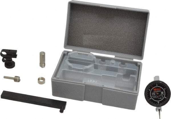 Mitutoyo - 9 Piece, 0" to 0.06" Measuring Range, 40mm Dial Diam, 0-15-0 Dial Reading, Black Dial Test Indicator Kit - 0.0005" Accuracy, 0.78" Contact Point Length, 0.039, 0.079 & 0.118" Ball Diam, 0.0005" Dial Graduation - Eagle Tool & Supply