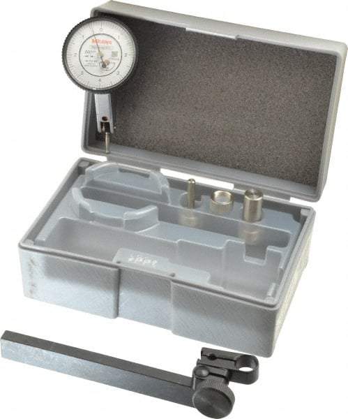 Mitutoyo - 9 Piece, 0" to 0.016" Measuring Range, 40mm Dial Diam, 0-4-0 Dial Reading, White Dial Test Indicator Kit - 0.0005" Accuracy, 0.59" Contact Point Length, 0.039, 0.079 & 0.118" Ball Diam, 0.0001" Dial Graduation - Eagle Tool & Supply