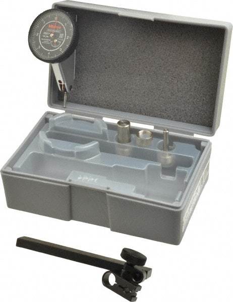 Mitutoyo - 9 Piece, 0" to 0.016" Measuring Range, 40mm Dial Diam, 0-4-0 Dial Reading, Black Dial Test Indicator Kit - 0.0002" Accuracy, 0.59" Contact Point Length, 0.039, 0.079 & 0.118" Ball Diam, 0.0001" Dial Graduation - Eagle Tool & Supply