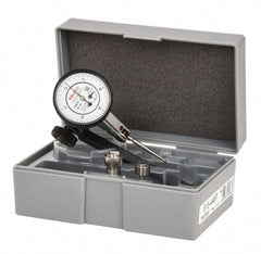 Mitutoyo - 9 Piece, 0" to 0.06" Measuring Range, 40mm Dial Diam, 0-15-0 Dial Reading, White Dial Test Indicator Kit - 0.0005" Accuracy, 1.33" Contact Point Length, 0.039, 0.079 & 0.118" Ball Diam, 0.0005" Dial Graduation - Eagle Tool & Supply