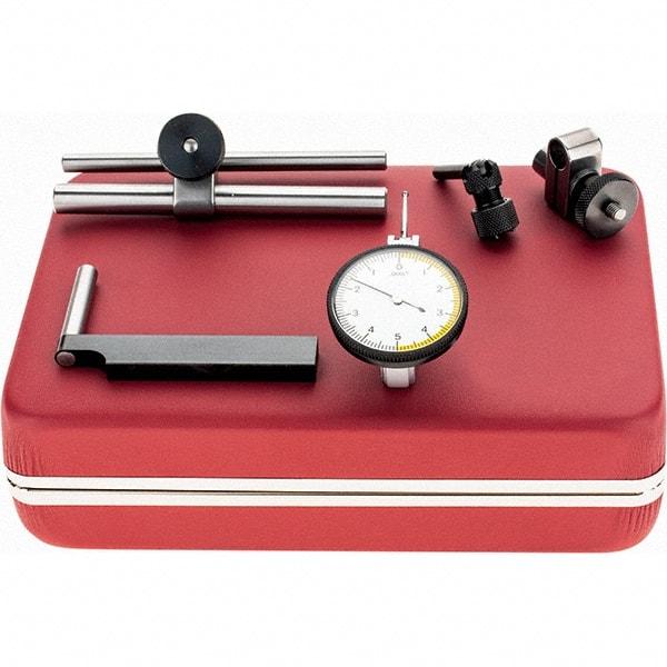 Starrett - 5 Piece, 0" to 0.01" Measuring Range, 1-3/8" Dial Diam, 0-5-0 Dial Reading, Red Dial Test Indicator Kit - 13/16" Contact Point Length, 1.98mm Ball Diam, 0.0001" Dial Graduation - Eagle Tool & Supply