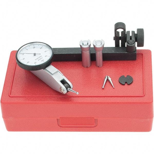 Starrett - 5 Piece, 0mm to 0.2mm Measuring Range, 1-3/8" Dial Diam, 0-100-0 Dial Reading, Yellow Dial Test Indicator Kit - 5/8" Contact Point Length, 2mm Ball Diam, 0.002mm Dial Graduation - Eagle Tool & Supply