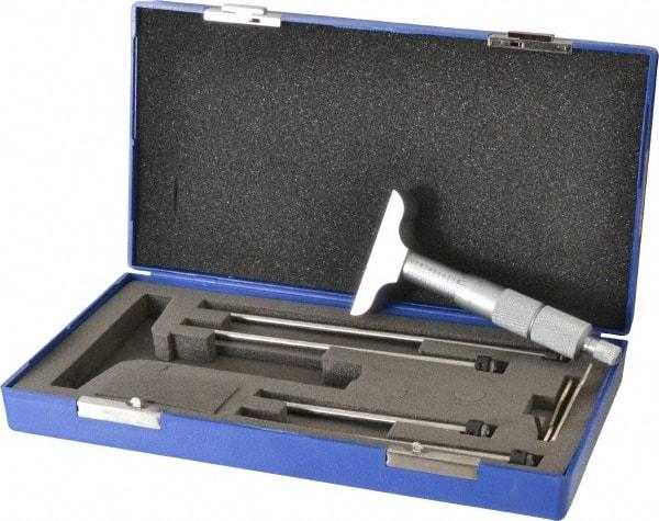 Fowler - 0 to 4" Range, 4 Rod, Satin Chrome Finish Mechanical Depth Micrometer - Ratchet Stop Thimble, 2-1/2" Base Length, 0.01mm Graduation, 0.176" Rod Diam - Eagle Tool & Supply
