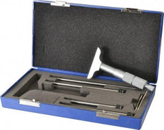 Fowler - 0 to 4" Range, 4 Rod, Satin Chrome Finish Mechanical Depth Micrometer - Ratchet Stop Thimble, 2-1/2" Base Length, 0.01mm Graduation, 0.176" Rod Diam - Eagle Tool & Supply