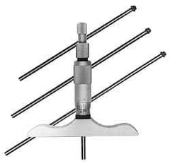 Fowler - 0 to 12" Range, 12 Rod, Satin Chrome Finish Mechanical Depth Micrometer - Ratchet Stop Thimble, 2-1/2" Base Length, 0.01mm Graduation, 0.176" Rod Diam - Eagle Tool & Supply
