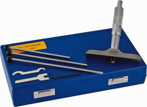 Fowler - 0 to 4" Range, 4 Rod, Satin Chrome Finish Mechanical Depth Micrometer - Ratchet Stop Thimble, 4" Base Length, 0.01mm Graduation, 0.176" Rod Diam - Eagle Tool & Supply
