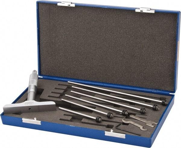 Fowler - 0 to 6" Range, 6 Rod, Satin Chrome Finish Mechanical Depth Micrometer - Ratchet Stop Thimble, 4" Base Length, 0.01mm Graduation, 0.176" Rod Diam - Eagle Tool & Supply