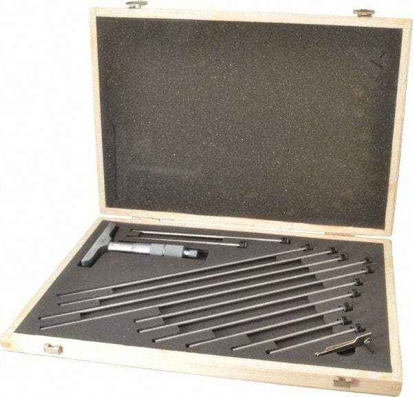 Fowler - 0 to 12" Range, 12 Rod, Satin Chrome Finish Mechanical Depth Micrometer - Ratchet Stop Thimble, 4" Base Length, 0.01mm Graduation, 0.176" Rod Diam - Eagle Tool & Supply