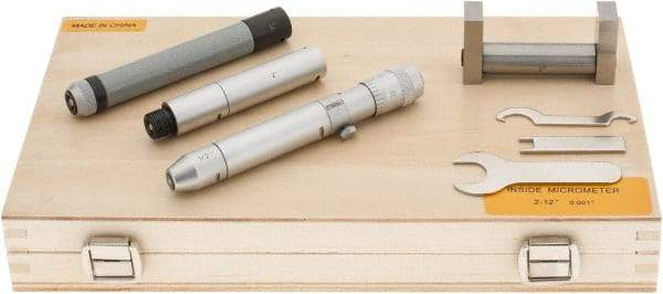 Fowler - 2 to 12", Satin Chrome Coated, Mechanical Inside Micrometer Set - 0.001" Graduation, Friction Thimble, Includes Fitted Case, Standard & Wrench - Eagle Tool & Supply