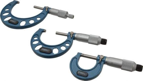 Fowler - 0 to 3" Range, 3 Piece Mechanical Outside Micrometer Set - 0.0001" Graduation, Friction (0 to 2"), Ratchet Stop (2 to 3") Thimble, Carbide Tipped Face - Eagle Tool & Supply
