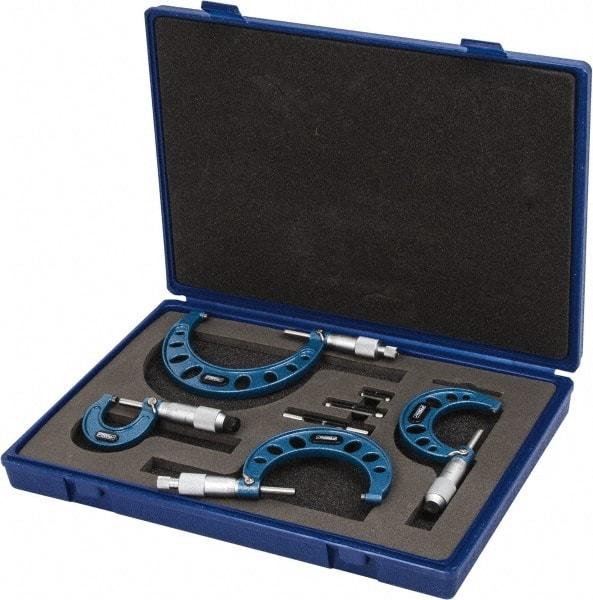 Fowler - 0 to 4" Range, 4 Piece Mechanical Outside Micrometer Set - 0.0001" Graduation, Friction (0 to 2"), Ratchet Stop (2 to 4") Thimble, Carbide Tipped Face - Eagle Tool & Supply