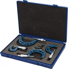Fowler - 0 to 4" Range, 4 Piece Mechanical Outside Micrometer Set - 0.0001" Graduation, Friction (0 to 2"), Ratchet Stop (2 to 4") Thimble, Carbide Tipped Face - Eagle Tool & Supply