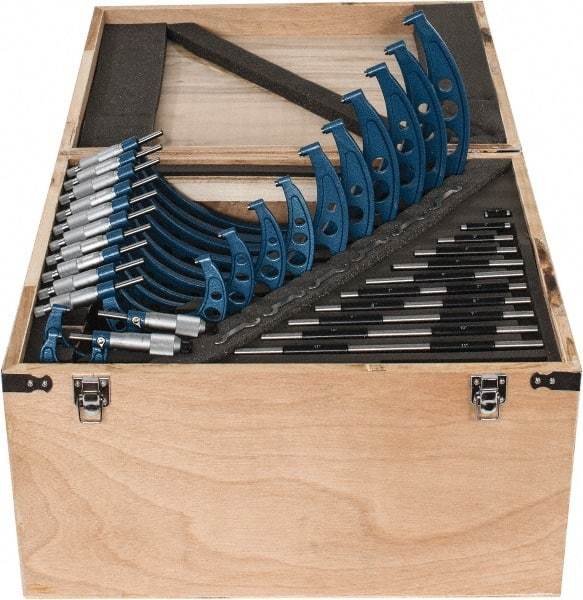 Fowler - 0 to 12" Range, 12 Piece Mechanical Outside Micrometer Set - 0.0001" Graduation, Friction (0 to 2"), Ratchet Stop (2 to 12") Thimble, Carbide Tipped Face - Eagle Tool & Supply