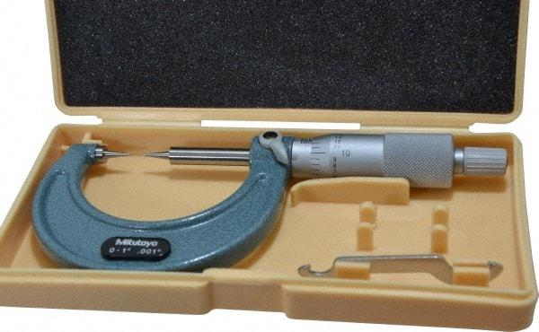 Mitutoyo - 1 Inch, 38mm Throat Depth, Ratchet Stop, Mechanical Point Micrometer - Accurate Up to 0.00015 Inch, 0.001 Inch Graduation, 0.5039 Inch Point Length, 15° Point Angle, 18mm Head Diameter, 6.35mm Spindle Diameter - Eagle Tool & Supply