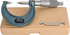 Mitutoyo - 1 Inch, 38mm Throat Depth, Ratchet Stop, Mechanical Point Micrometer - Accurate Up to 0.00015 Inch, 0.001 Inch Graduation, 0.5039 Inch Point Length, 30° Point Angle, 18mm Head Diameter, 6.35mm Spindle Diameter - Eagle Tool & Supply