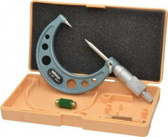 Mitutoyo - 1 to 2 Inch, 49mm Throat Depth, Ratchet Stop, Mechanical Point Micrometer - Accurate Up to 0.00015 Inch, 0.001 Inch Graduation, 0.5039 Inch Point Length, 30° Point Angle, 18mm Head Diameter, 6.35mm Spindle Diameter - Eagle Tool & Supply