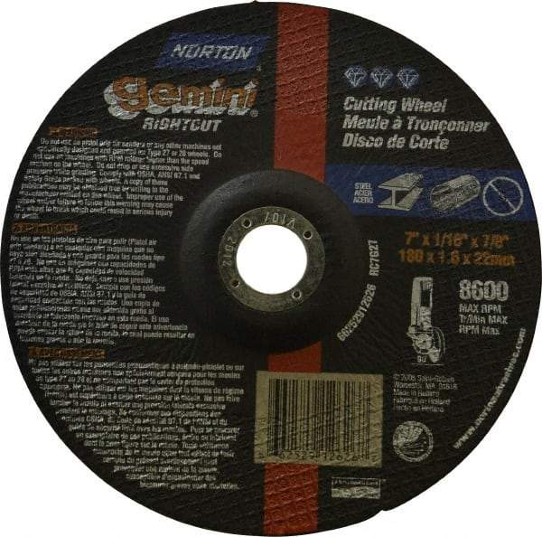 Norton - 7" Wheel Diam, 1/16" Wheel Thickness, 7/8" Arbor Hole, Type 27 Depressed Center Wheel - Aluminum Oxide, 8,600 Max RPM, Compatible with Angle Grinder - Eagle Tool & Supply