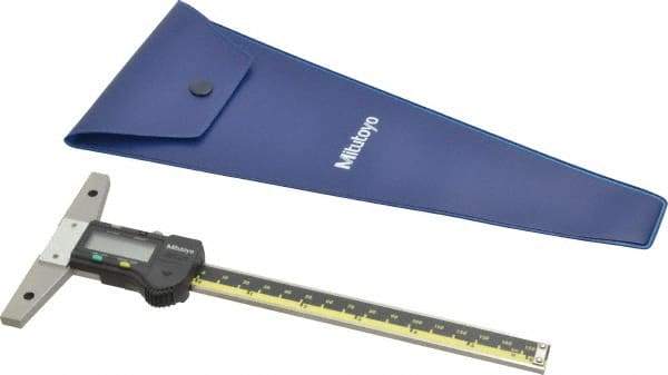 Mitutoyo - 0" to 6" Stainless Steel Electronic Depth Gage - 0.03mm Accuracy, 0.01mm Resolution, 4" Base Length - Eagle Tool & Supply