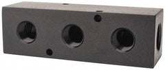 Made in USA - 1/2" Inlet, 3/8" Outlet Manifold - 4-3/4" Long x 1-1/2" Wide x 1-1/2" High, 0.2" Mount Hole, 2 Inlet Ports, 3 Outlet Ports - Eagle Tool & Supply