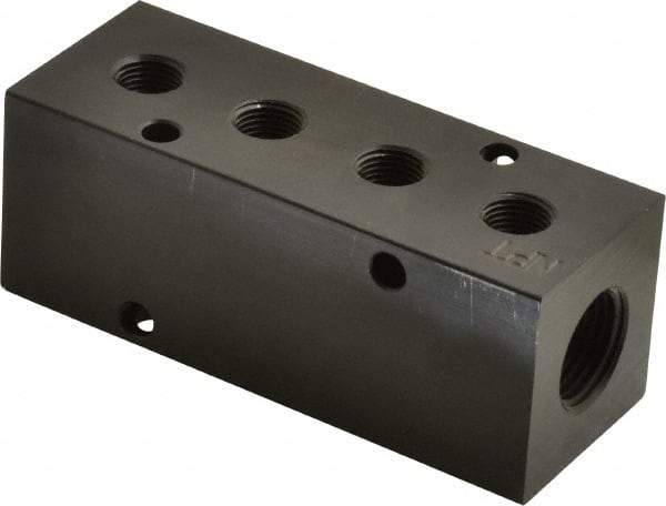 Made in USA - 3/8" Inlet, 1/8" Outlet Manifold - 4.12" Long x 1-1/4" Wide x 1-1/4" High, 0.2" Mount Hole, 2 Inlet Ports, 4 Outlet Ports - Eagle Tool & Supply