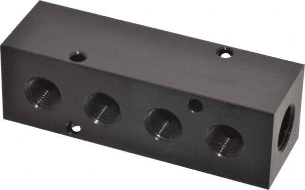 Made in USA - 3/8" Inlet, 1/4" Outlet Manifold - 4.12" Long x 1-1/4" Wide x 1-1/4" High, 0.2" Mount Hole, 2 Inlet Ports, 4 Outlet Ports - Eagle Tool & Supply