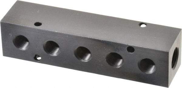 Made in USA - 1/4" Inlet, 1/8" Outlet Manifold - 4" Long x 1" Wide x 1" High, 0.17" Mount Hole, 2 Inlet Ports, 5 Outlet Ports - Eagle Tool & Supply