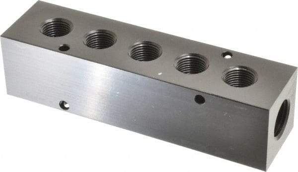 Made in USA - 1/2" Inlet, 3/8" Outlet Manifold - 5-3/4" Long x 1-1/2" Wide x 1-1/2" High, 0.2" Mount Hole, 2 Inlet Ports, 5 Outlet Ports - Eagle Tool & Supply