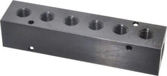 Made in USA - 3/8" Inlet, 1/4" Outlet Manifold - 5.88" Long x 1-1/4" Wide x 1-1/4" High, 0.2" Mount Hole, 2 Inlet Ports, 6 Outlet Ports - Eagle Tool & Supply