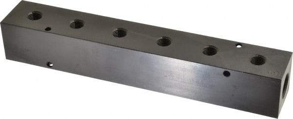 Made in USA - 1/2" Inlet, 1/4" Outlet Manifold - 9-1/4" Long x 1-1/2" Wide x 1-1/2" High, 0.2" Mount Hole, 2 Inlet Ports, 6 Outlet Ports - Eagle Tool & Supply