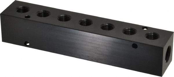 Made in USA - 3/8" Inlet, 1/4" Outlet Manifold - 6-3/4" Long x 1-1/4" Wide x 1-1/4" High, 0.2" Mount Hole, 2 Inlet Ports, 7 Outlet Ports - Eagle Tool & Supply