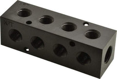 Made in USA - 3/8" Inlet, 1/4" Outlet Manifold - 4.12" Long x 1-1/4" Wide x 1-1/4" High, 0.2" Mount Hole, 2 Inlet Ports, 4 Outlet Ports - Eagle Tool & Supply