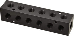 Made in USA - 3/8" Inlet, 1/4" Outlet Manifold - 5.88" Long x 1-1/4" Wide x 1-1/4" High, 0.2" Mount Hole, 2 Inlet Ports, 6 Outlet Ports - Eagle Tool & Supply