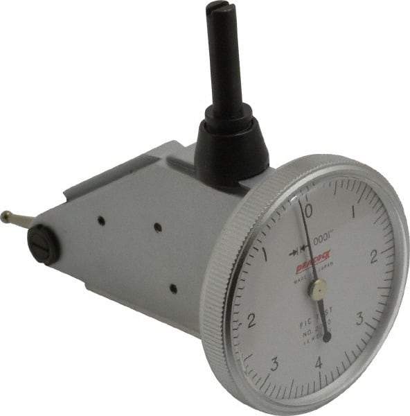 Peacock - 0.008 Inch Range, 0.0001 Inch Dial Graduation, Vertical Dial Test Indicator - 1-3/8 Inch White Dial, 0-4-0 Dial Reading, Accurate to 0.0003 Inch - Eagle Tool & Supply