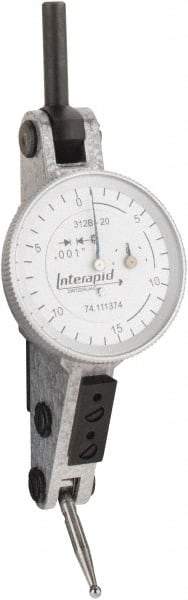 INTERAPID - 0.06 Inch Range, 0.001 Inch Dial Graduation, Horizontal Dial Test Indicator - 1.2 Inch White Dial, 0-15-0 Dial Reading - Eagle Tool & Supply