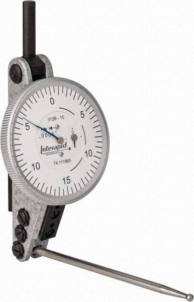INTERAPID - 0.06 Inch Range, 0.0005 Inch Dial Graduation, Horizontal Dial Test Indicator - 1-1/2 Inch White Dial, 0-15-0 Dial Reading - Eagle Tool & Supply