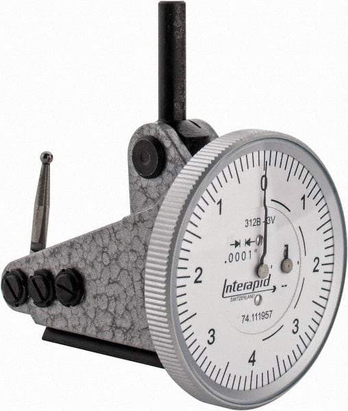 INTERAPID - 0.016 Inch Range, 0.0001 Inch Dial Graduation, Vertical Dial Test Indicator - 1-1/2 Inch White Dial, 0-4-0 Dial Reading - Eagle Tool & Supply