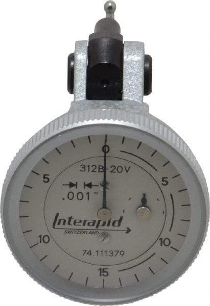 INTERAPID - 0.06 Inch Range, 0.001 Inch Dial Graduation, Vertical Dial Test Indicator - 1.2 Inch White Dial, 0-15-0 Dial Reading - Eagle Tool & Supply
