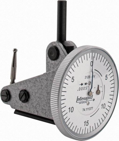 INTERAPID - 0.06 Inch Range, 0.0005 Inch Dial Graduation, Vertical Dial Test Indicator - 1-1/2 Inch White Dial, 0-15-0 Dial Reading - Eagle Tool & Supply