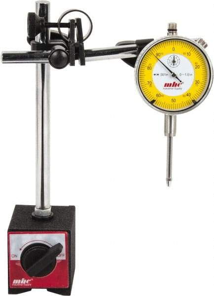 Value Collection - 0.001" Graduation, 0-100 Dial Reading, Indicator & Base Kit - 63mm Base Length x 50mm Base Width x 55mm Base Height, 2-9/32" Dial Diam - Eagle Tool & Supply