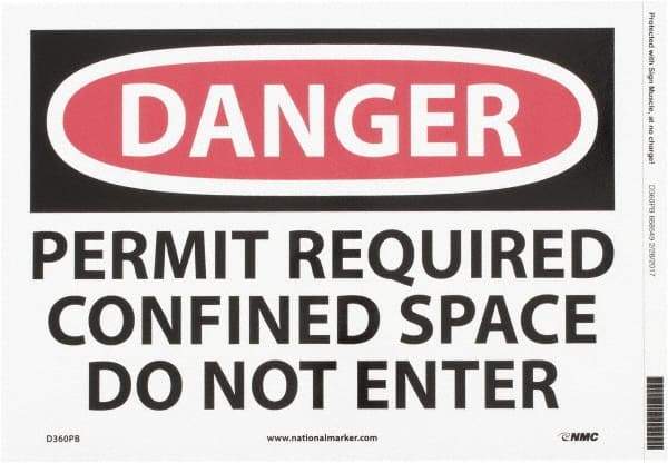 NMC - "Danger - Permit Required - Confined Space - Do Not Enter", 10" Long x 14" Wide, Pressure-Sensitive Vinyl Safety Sign - Rectangle, 0.004" Thick, Use for Accident Prevention - Eagle Tool & Supply