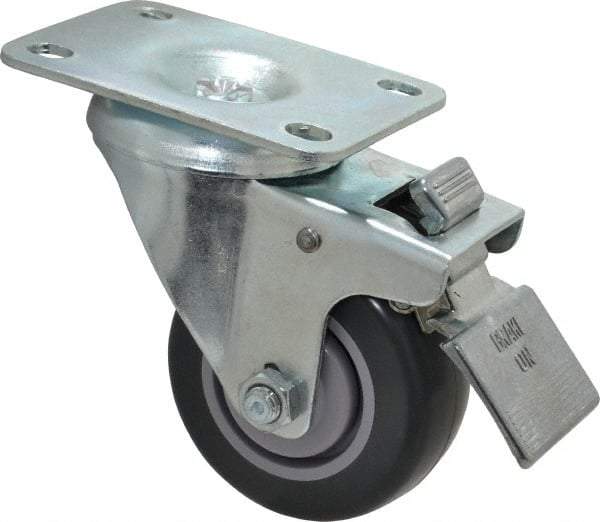 Shepherd - 3" Diam x 1-1/4" Wide x 4-1/4" OAH Top Plate Mount Swivel Caster with Brake - Polyurethane, 185 Lb Capacity, Ball Bearing, 2-5/8 x 3-3/4" Plate - Eagle Tool & Supply